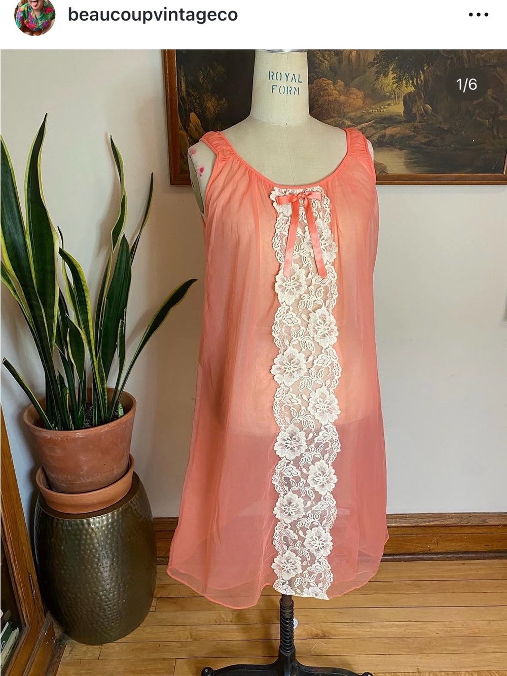 Vintage Sheer Peach Lace-Trim Nightgown